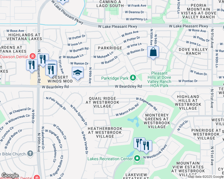 map of restaurants, bars, coffee shops, grocery stores, and more near 9765 West Pontiac Drive in Peoria
