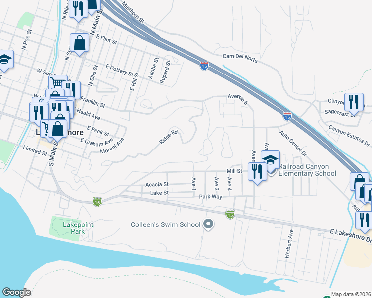 map of restaurants, bars, coffee shops, grocery stores, and more near Ridge Road in Lake Elsinore
