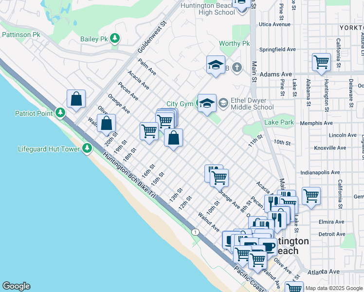 map of restaurants, bars, coffee shops, grocery stores, and more near 502 16th Street in Huntington Beach