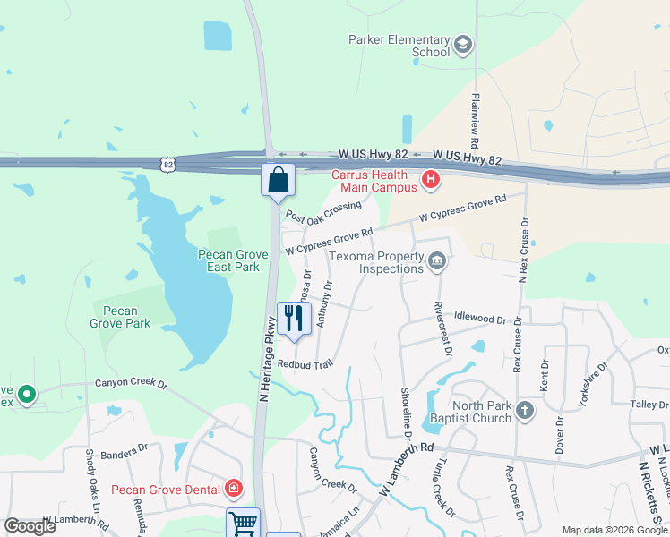 map of restaurants, bars, coffee shops, grocery stores, and more near 1718 West Cypress Grove Road in Sherman
