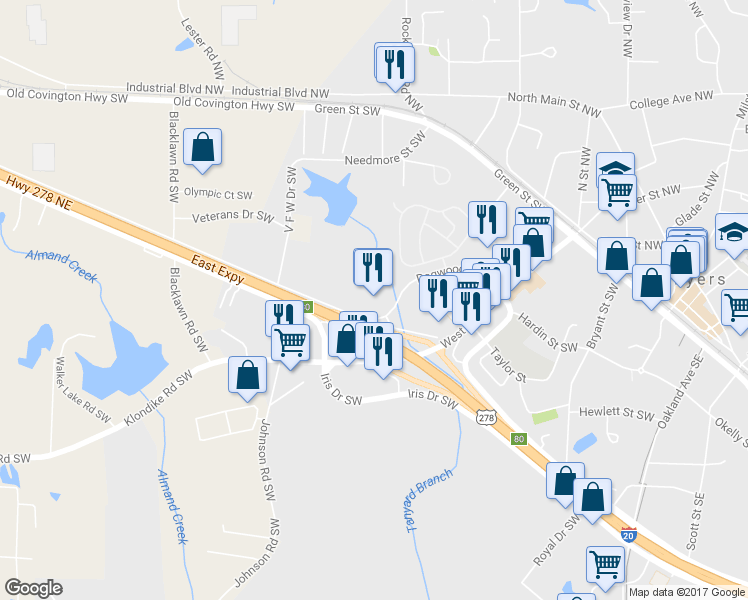 map of restaurants, bars, coffee shops, grocery stores, and more near 1351 Dogwood Drive Southwest in Conyers