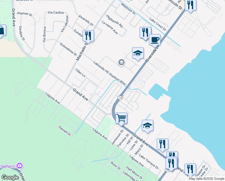 map of restaurants, bars, coffee shops, grocery stores, and more near 32798 Crown Point Lane in Lake Elsinore