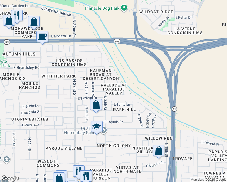 map of restaurants, bars, coffee shops, grocery stores, and more near 3431 East Wahalla Lane in Phoenix
