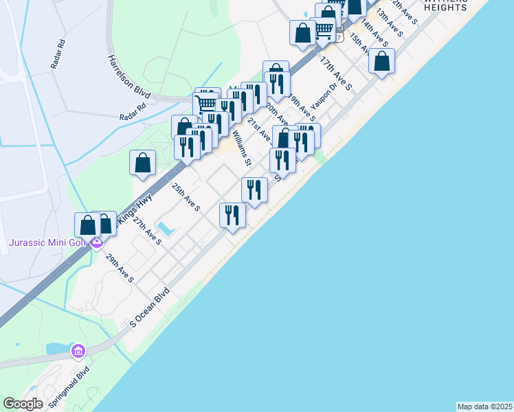 map of restaurants, bars, coffee shops, grocery stores, and more near 2311 South Ocean Boulevard in Myrtle Beach