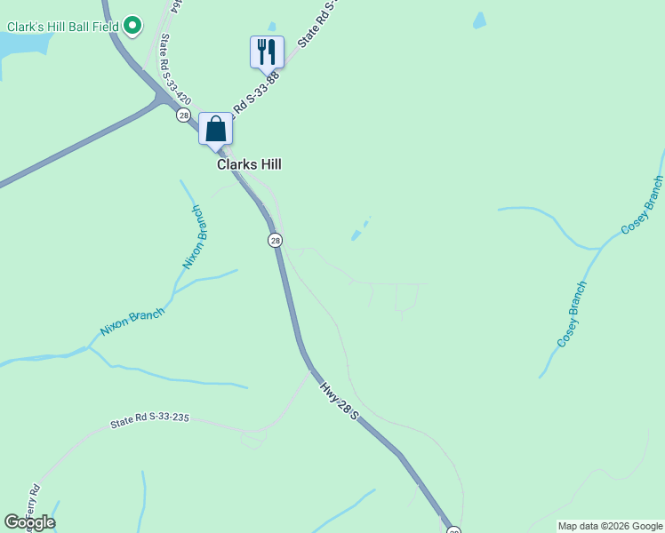 map of restaurants, bars, coffee shops, grocery stores, and more near State Road S-33-392 in Clarks Hill