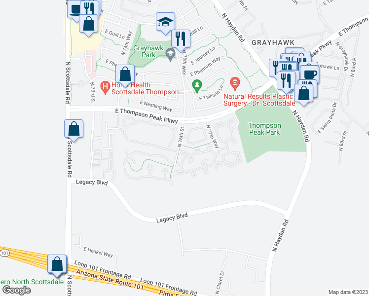 map of restaurants, bars, coffee shops, grocery stores, and more near North 76th Street in Scottsdale