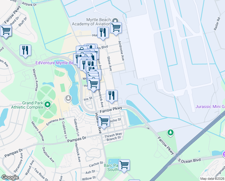 map of restaurants, bars, coffee shops, grocery stores, and more near 927 Shine Avenue in Myrtle Beach