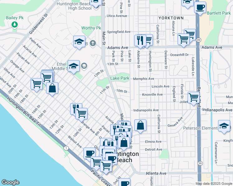 map of restaurants, bars, coffee shops, grocery stores, and more near 816 Main Street in Huntington Beach