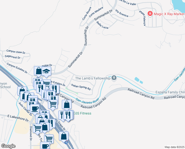 map of restaurants, bars, coffee shops, grocery stores, and more near 31778 Canyon Ridge Drive in Lake Elsinore