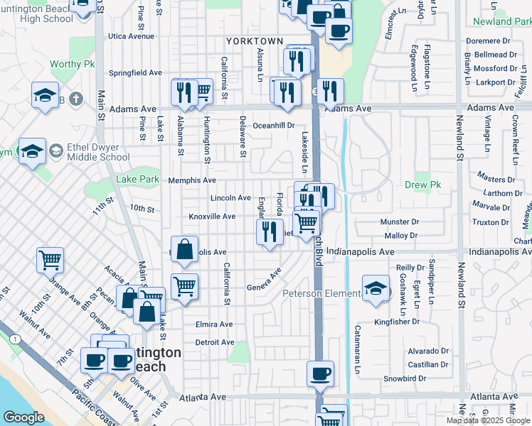 map of restaurants, bars, coffee shops, grocery stores, and more near 1118 England Street in Huntington Beach