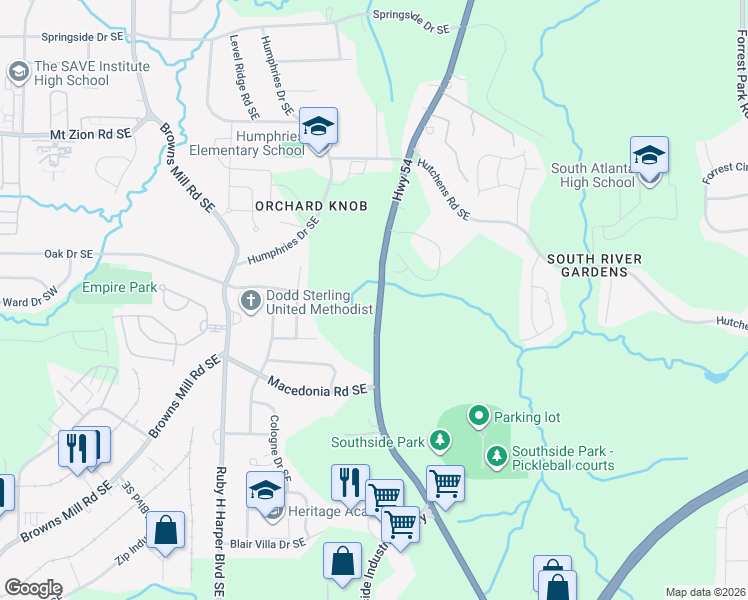 map of restaurants, bars, coffee shops, grocery stores, and more near 3215 Jonesboro Road Southeast in Atlanta