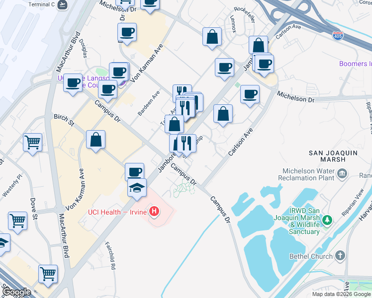 map of restaurants, bars, coffee shops, grocery stores, and more near 3071 Scholarship in Irvine