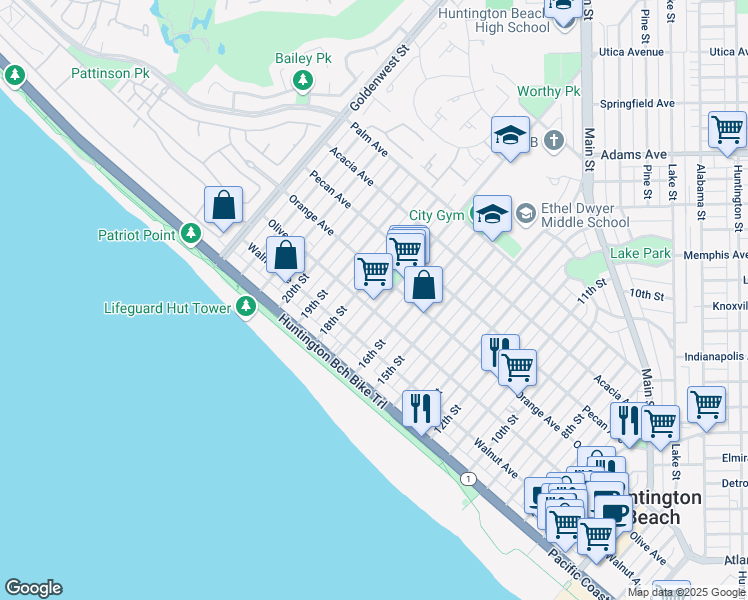 map of restaurants, bars, coffee shops, grocery stores, and more near 305 17th Street in Huntington Beach