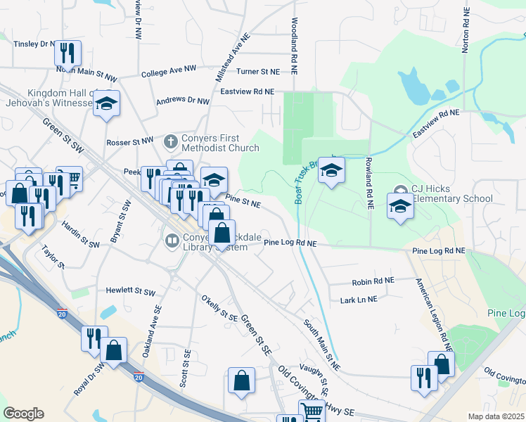 map of restaurants, bars, coffee shops, grocery stores, and more near 1057 Pine Street Northeast in Conyers