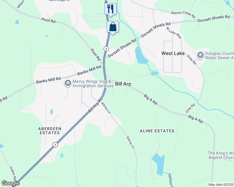 map of restaurants, bars, coffee shops, grocery stores, and more near 4955 Big A Road in Douglasville