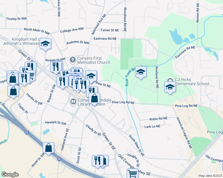 map of restaurants, bars, coffee shops, grocery stores, and more near 1055 Pine Street Northeast in Conyers
