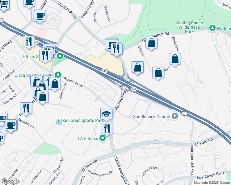 map of restaurants, bars, coffee shops, grocery stores, and more near 8 Pinnacle Drive in Lake Forest
