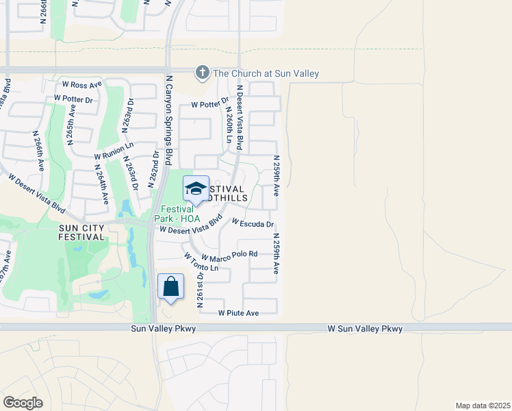 map of restaurants, bars, coffee shops, grocery stores, and more near 20153 North 259th Lane in Buckeye