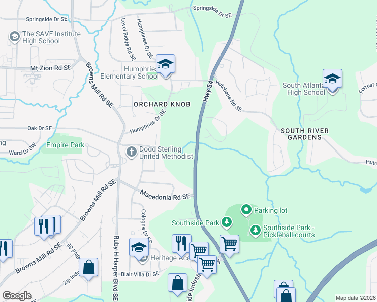 map of restaurants, bars, coffee shops, grocery stores, and more near 3215 Jonesboro Road Southeast in Atlanta