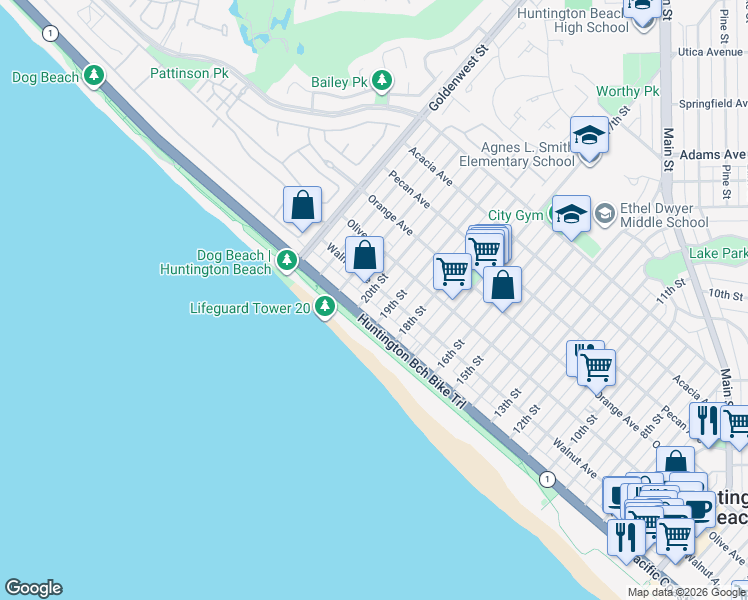 map of restaurants, bars, coffee shops, grocery stores, and more near 204 20th Street in Huntington Beach