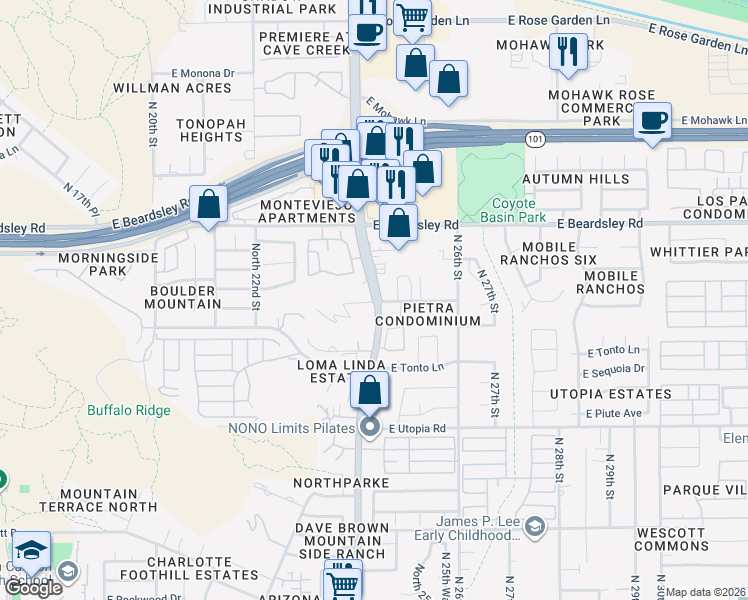 map of restaurants, bars, coffee shops, grocery stores, and more near 19844 North Cave Creek Road in Phoenix