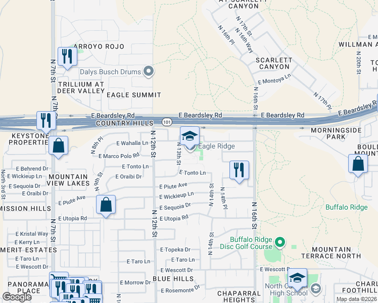 map of restaurants, bars, coffee shops, grocery stores, and more near 1313 East Escuda Drive in Phoenix