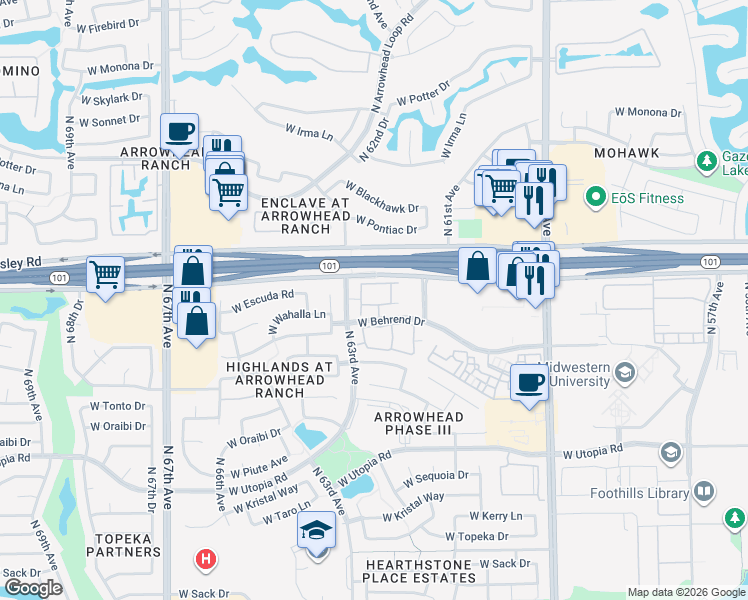 map of restaurants, bars, coffee shops, grocery stores, and more near 6234 West Behrend Drive in Glendale