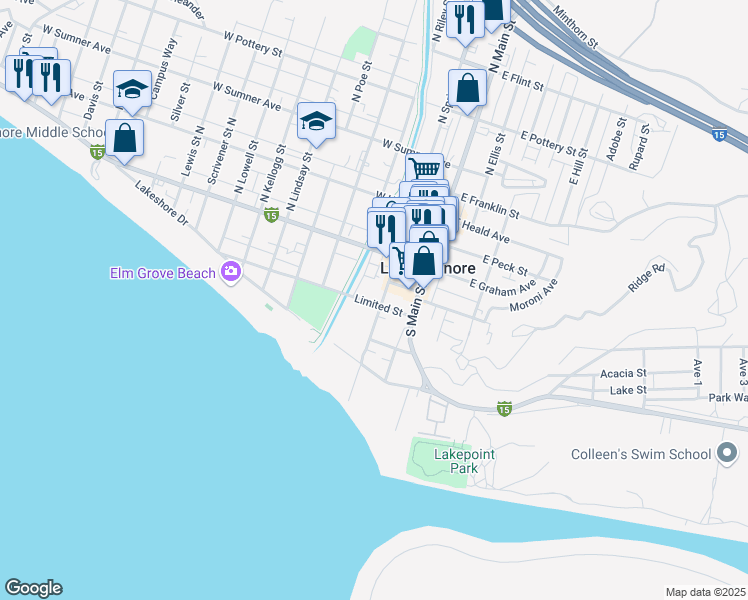 map of restaurants, bars, coffee shops, grocery stores, and more near 127 South Spring Street in Lake Elsinore