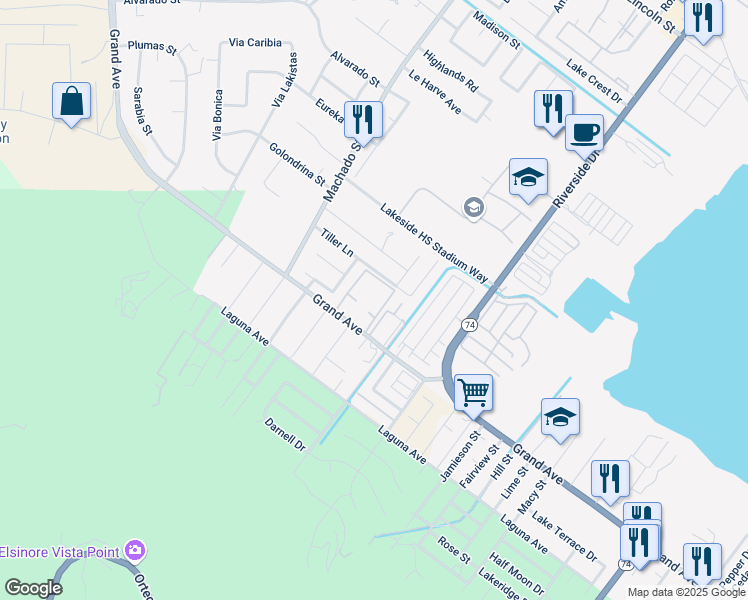 map of restaurants, bars, coffee shops, grocery stores, and more near 15130 Grand Avenue in Lake Elsinore