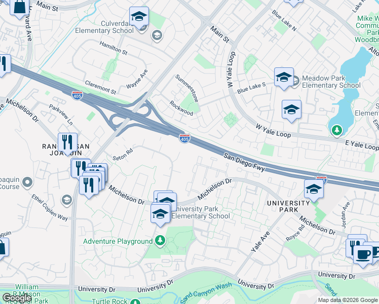 map of restaurants, bars, coffee shops, grocery stores, and more near 24 Rockrose Way in Irvine