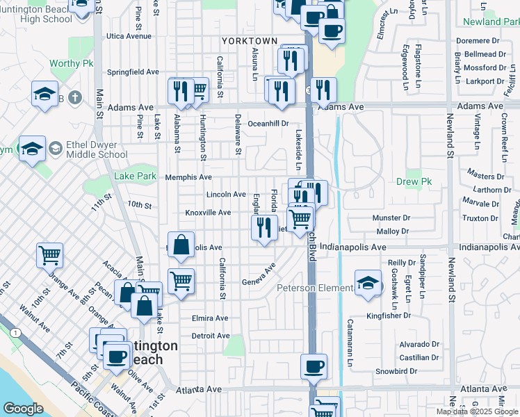 map of restaurants, bars, coffee shops, grocery stores, and more near 1118 England Street in Huntington Beach
