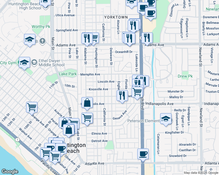 map of restaurants, bars, coffee shops, grocery stores, and more near 1119 Delaware Street in Huntington Beach