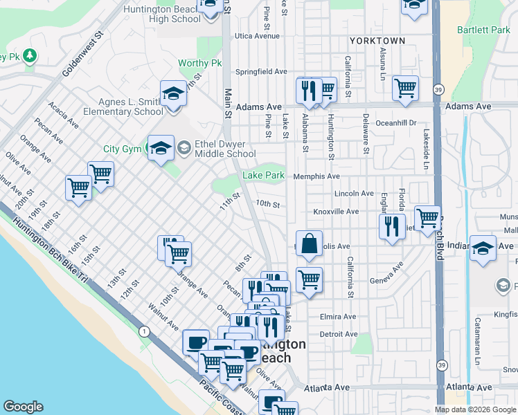 map of restaurants, bars, coffee shops, grocery stores, and more near 929 10th Street in Huntington Beach