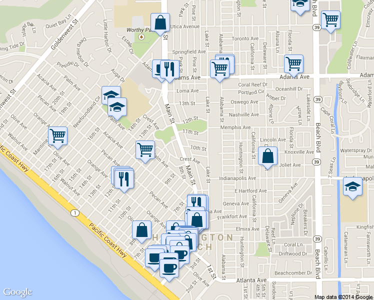 map of restaurants, bars, coffee shops, grocery stores, and more near 929 10th Street in Huntington Beach