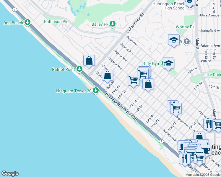map of restaurants, bars, coffee shops, grocery stores, and more near 204 20th Street in Huntington Beach