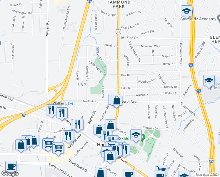 map of restaurants, bars, coffee shops, grocery stores, and more near 625 Coleman Street in Atlanta