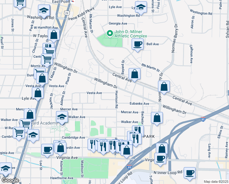 map of restaurants, bars, coffee shops, grocery stores, and more near 1402 Willingham Drive in Atlanta
