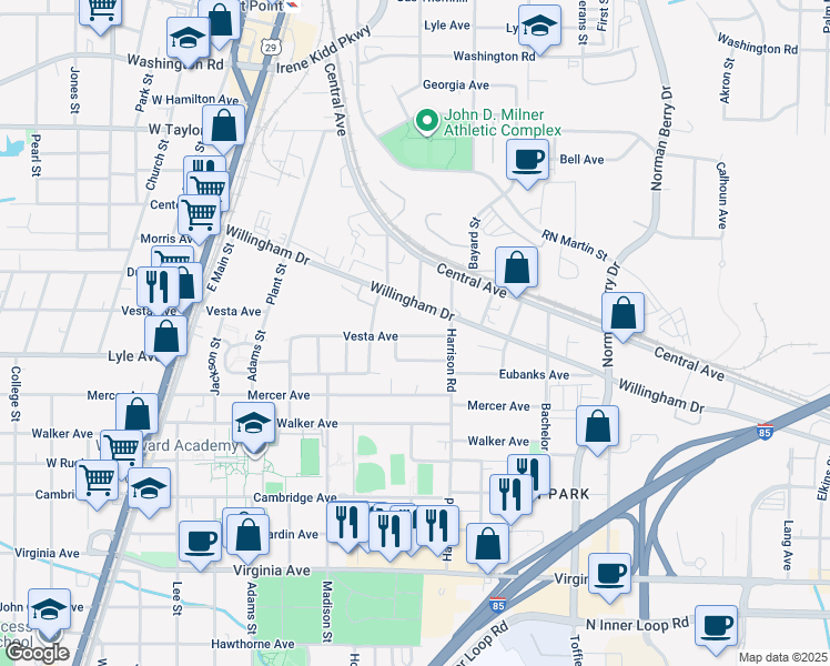 map of restaurants, bars, coffee shops, grocery stores, and more near 1454 Willingham Drive in East Point