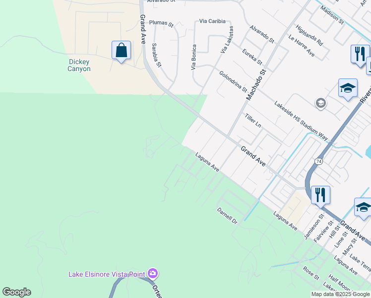 map of restaurants, bars, coffee shops, grocery stores, and more near 33160 Greenwood Drive in Lake Elsinore
