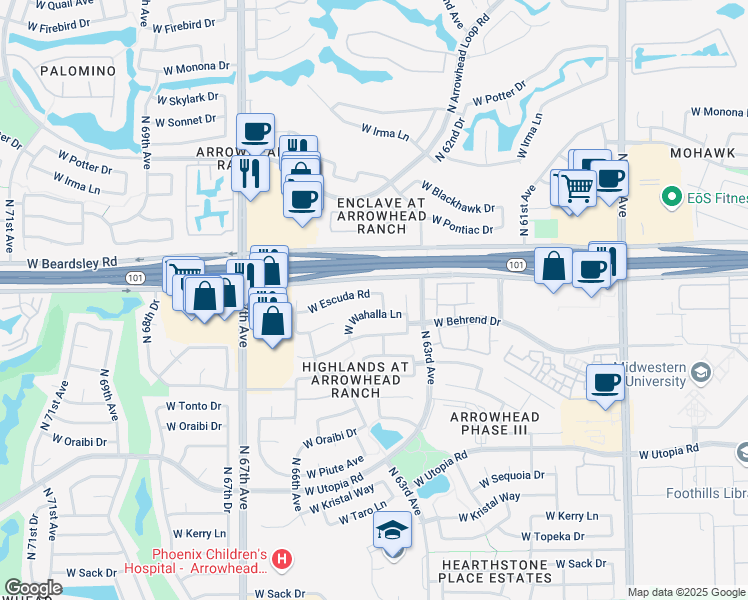 map of restaurants, bars, coffee shops, grocery stores, and more near 6411 West Escuda Road in Glendale