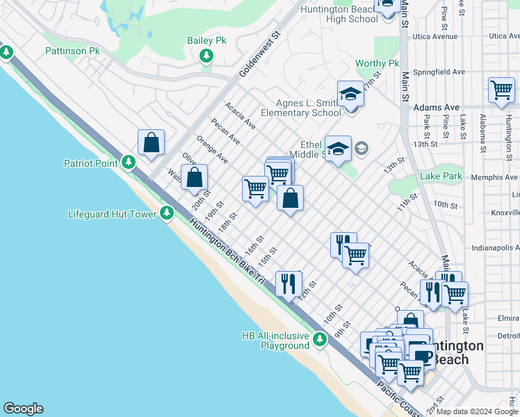 map of restaurants, bars, coffee shops, grocery stores, and more near in Huntington Beach