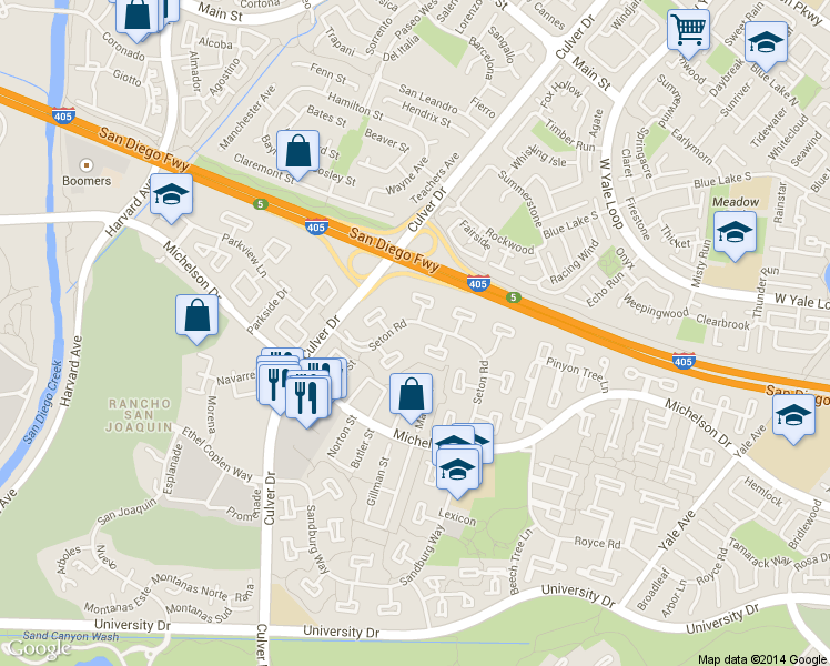 map of restaurants, bars, coffee shops, grocery stores, and more near 71 Seton Road in Irvine