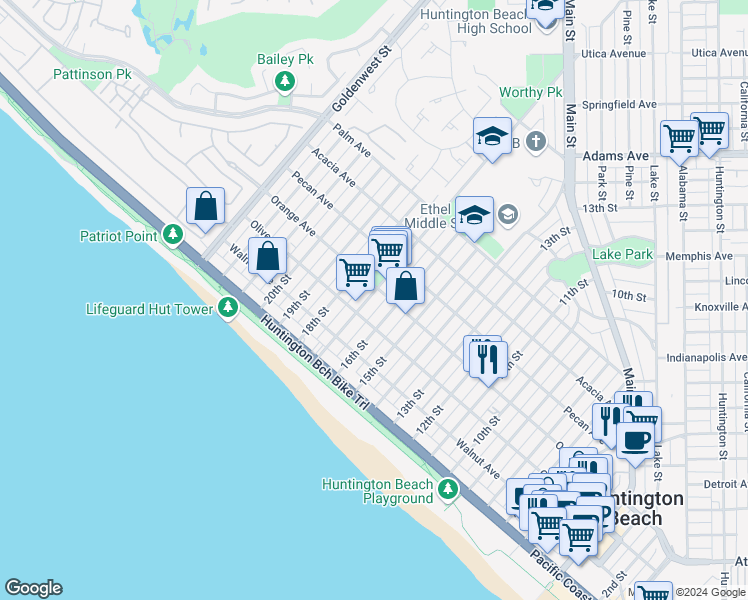 map of restaurants, bars, coffee shops, grocery stores, and more near 320 17th Street in Huntington Beach