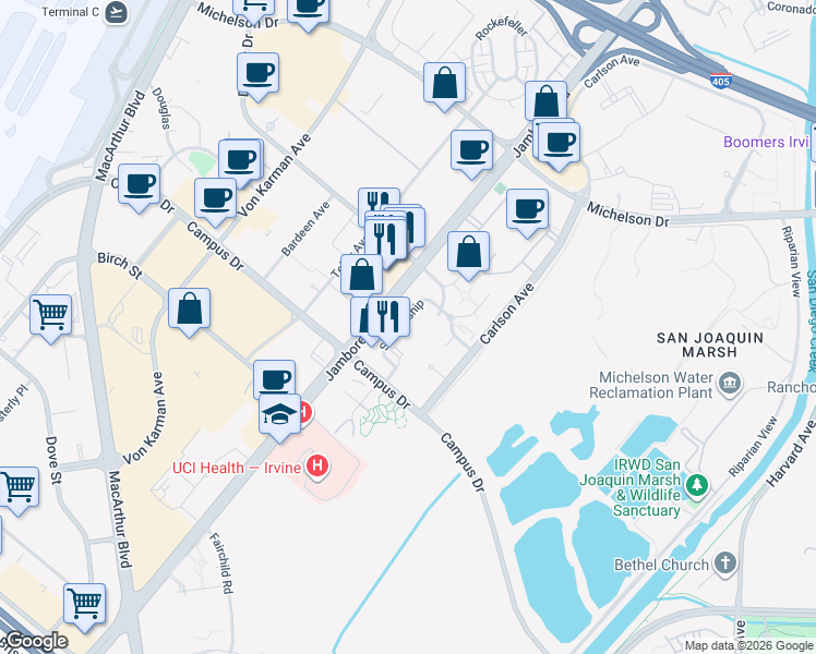 map of restaurants, bars, coffee shops, grocery stores, and more near 2423 Scholarship in Irvine