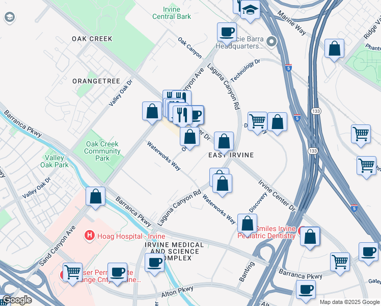 map of restaurants, bars, coffee shops, grocery stores, and more near 15310 Barranca Parkway in Irvine