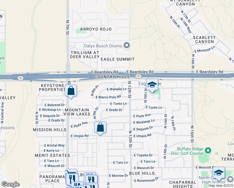 map of restaurants, bars, coffee shops, grocery stores, and more near 19825 North 10th Place in Phoenix
