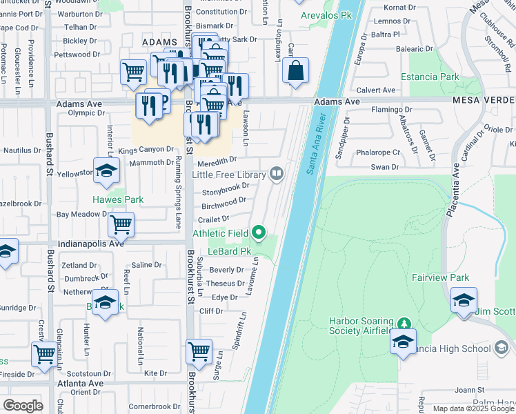 map of restaurants, bars, coffee shops, grocery stores, and more near 20342 Craimer Lane in Huntington Beach