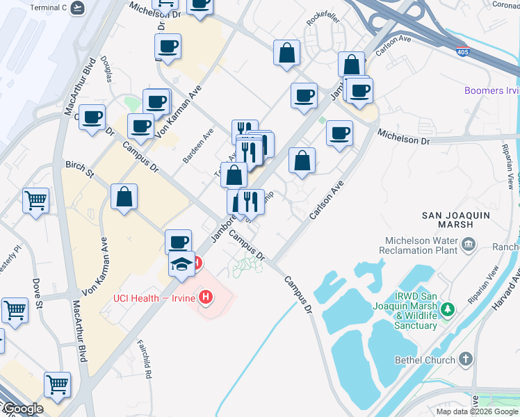 map of restaurants, bars, coffee shops, grocery stores, and more near 1100 Diploma in Irvine
