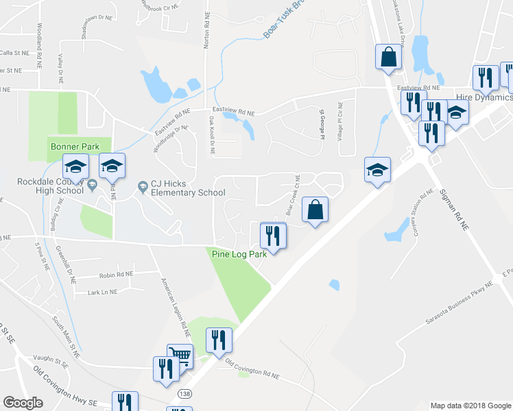 map of restaurants, bars, coffee shops, grocery stores, and more near 1032 Wedgewood Court Northeast in Conyers