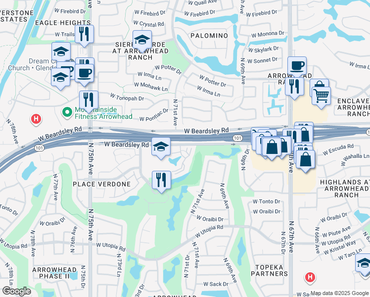 map of restaurants, bars, coffee shops, grocery stores, and more near 7101 West Beardsley Road in Glendale